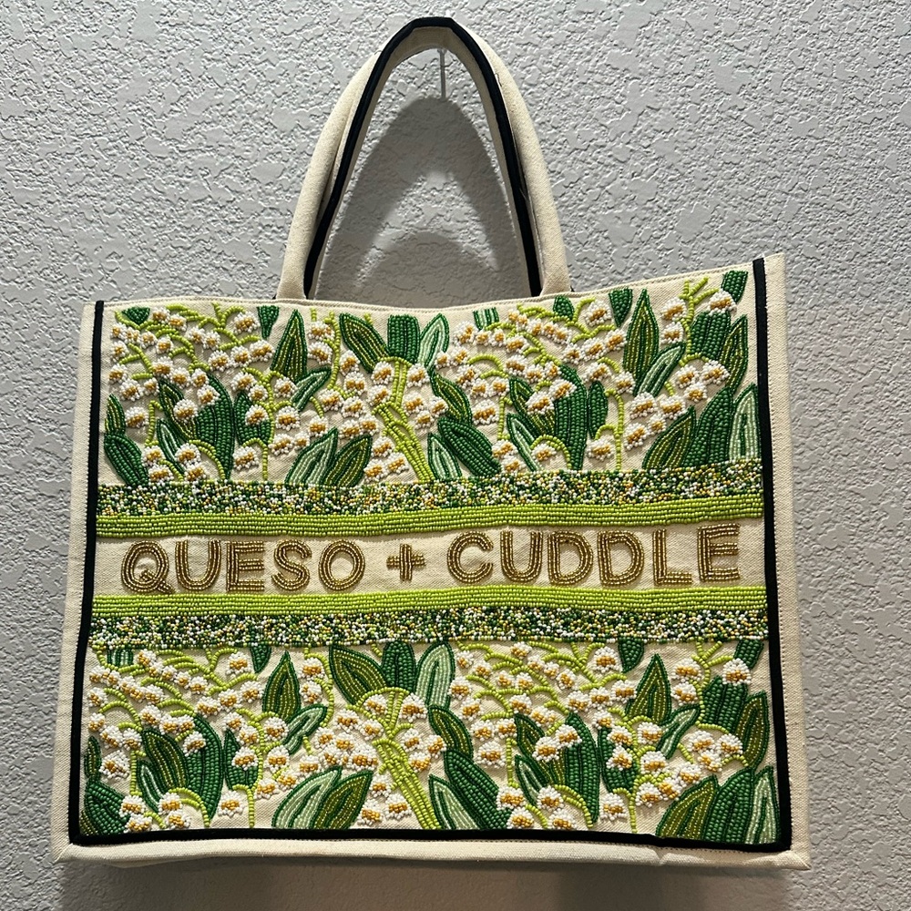 Tiana New York Embroidered Tote Bag with Green and Cream Floral Design